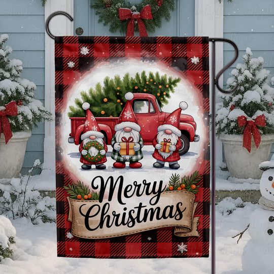 Vintage Red Truck Gnomes Christmas Flag, Festive Holidays Christmas Gnome Flag, Rustic Christmas Tree Flag, Farmhouse Christmas Decor,MYK099