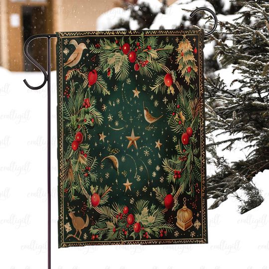 Discover Elegant Winter Wreath Yard Flag, Vintage Pine And Holly Christmas Flag, Xmas Birds And Reindeer Flag, Holiday Forest Scene Porch Flag,MYK003