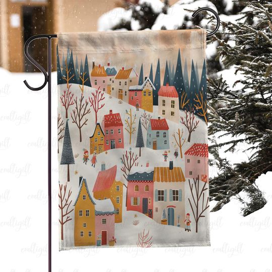Discover Snowy Village Christmas Flag, Retro Holiday Town Garden Flag, Festive Winter Cottage Village Flag, Scandinavian Town Christmas Flag, MYI997