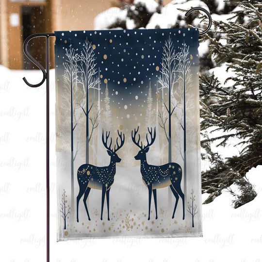 Christmas Snowfall Reindeer Flag, Reindeer Couple In Snow Forest Flag, Festive Reindeer Yard Flag, Peaceful Winter Forest Garden Flag,MYI996
