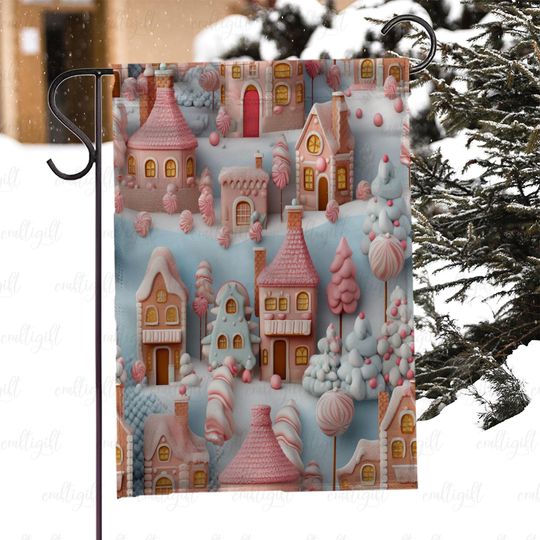 Pink Christmas Candy Land Flag, Candy Cottage Xmas Garden Flag, Gingerbread Fantasy Town Flag, Gingerbread Village Holiday Yard Flag, MYI991