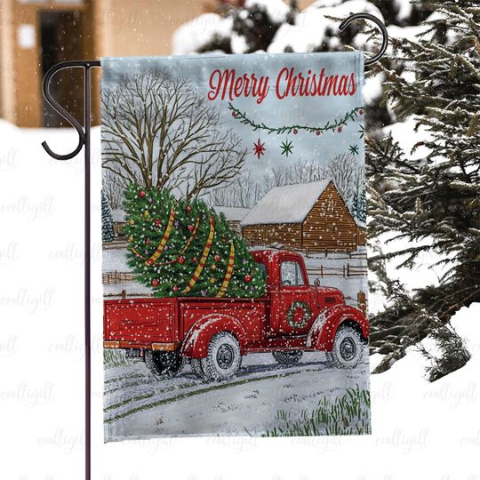 Discover Red Pickup Truck Christmas Flag, Farm Country Christmas Tree Flag, Red Truck Winter Wonderland Flag, Retro Farmhouse Holiday Flag, MYI993