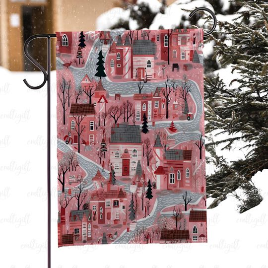 Discover Vintage Snowfall Winter Village Flag, Pink Cozy Cottage Christmas Flag, Snowy Houses Holiday Garden Flag, Scandinavian Town Xmas Flag,MYI992