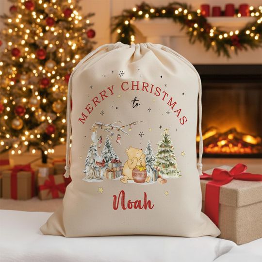 Discover Personalised Winnie The Pooh Christmas Sack, Christmas Pooh present bag with wooden gift tag, Christmas tree gift bag add name