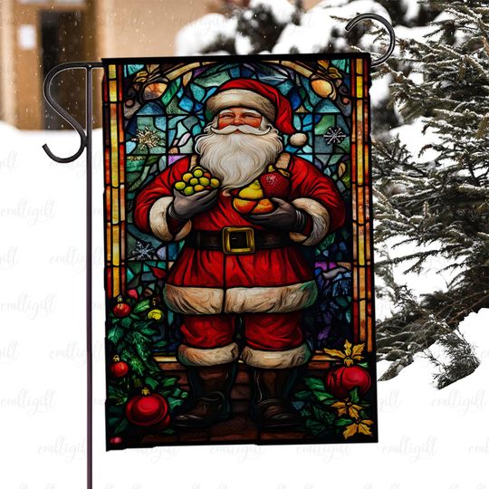 Colorful Christmas Santa Garden Flag, Santa Claus Stained Glass Flag, Merry Xmas Santa Claus Flag, Santa Claus Winter Outdoor Decor, MYK025