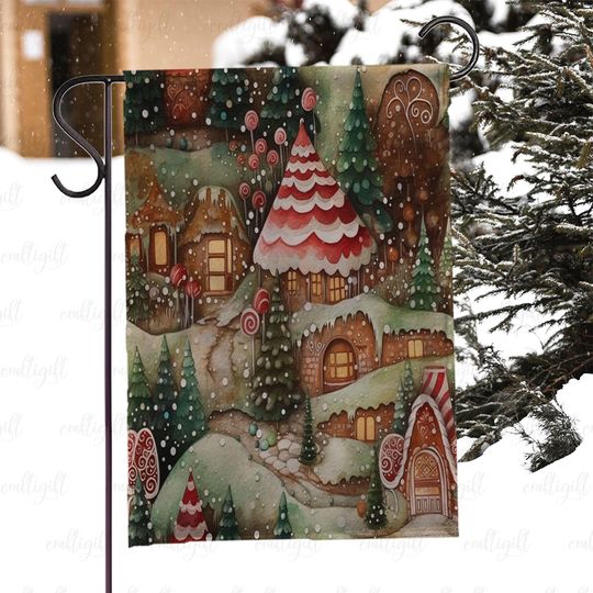 Fantasy Gingerbread House Winter Flag, Cozy Christmas Candy Village Flag, Candy Cottage Holiday Flag, Enchanted Candyland Xmas Flag, MYI982