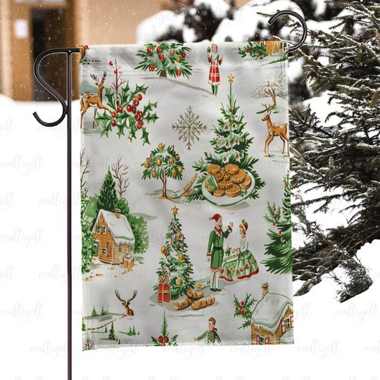 Discover Vintage Gingerbread Cookie Xmas Flag, Cozy Cabin Village Festive Flag, Christmas Tree And Snowflakes Flag, Retro Winter Forest Flag, MYI994