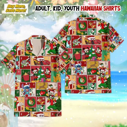 Discover Disney All Characters Christmas Hawaiian Shirt, Minnie Mouse Goofy Daisy Donald Pluto Hawaii Gift, Winter Christmas Disney Hawaiian