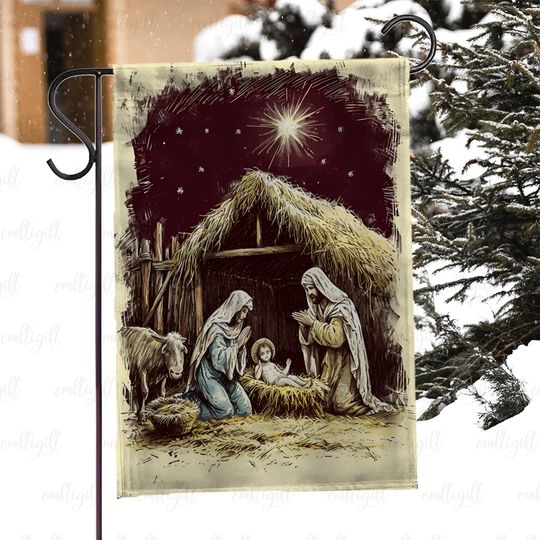 The Holy Family House Flag, Nativity Scene Christmas Garden Flag, Virgin Mary Joseph Jesus Flag, Catholic Religious Porch Decoration, MYK017