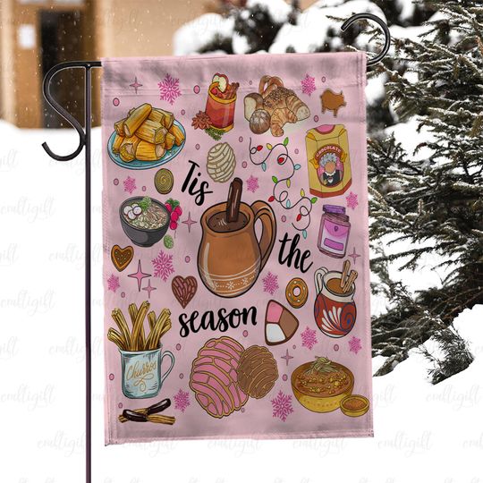 Discover Pink Holiday Mexican Food Flag, Tis The Season Pan Dulce Flag, Xmas Fiesta Latina Navidad Flag, Tamales Pozole Churros Cafecito Flag, MYI987