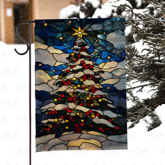 Discover Bright Stained Glass Christmas Tree Flag, Seasonal Holiday Xmas Tree Flag, Festive Tree Outdoor Flag, Elegant Winter Tree Yard Decor, MYK028