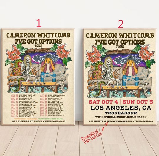 Discover Custom Cameron Whitcomb announces the I've Got Options Tour 2025 Poster