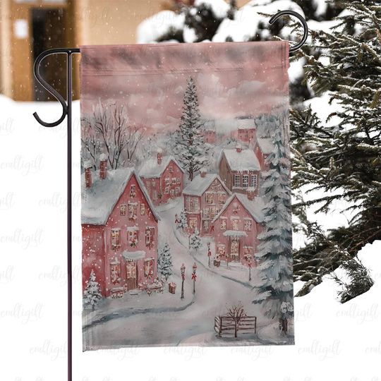 Discover Cozy Snowy Village Christmas Flag, Winter Village Garden Flag, Romantic Christmas Pink Cottage Flag, Holiday Pink Houses Yard Flag, MYK015