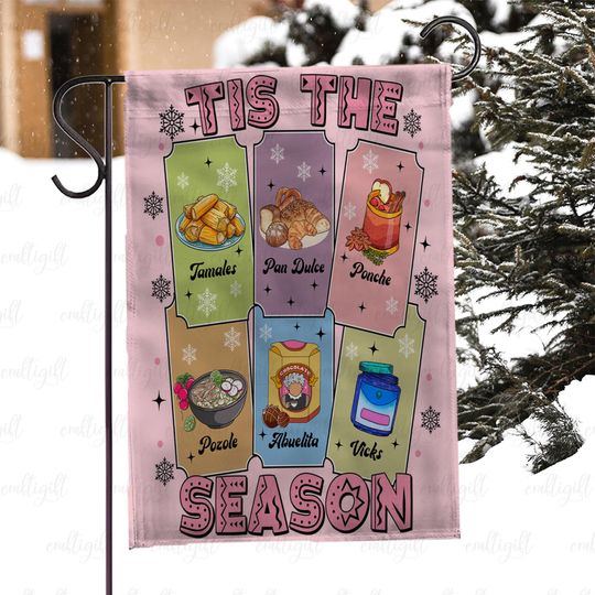 Mexican Fiesta Christmas Outdoor Flag, Tis The Season Xmas Flag, Navidad Flag With Tamales Pozole Ponche, Retro Mexican Navidad Flag, MYI985