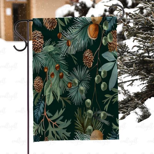 Discover Rustic Christmas Pine Cone Flag, Chestnut Woodland Botanical Garden Flag, Farmhouse Holiday House Flag, Winter Forest Greenery Flag, MYI972
