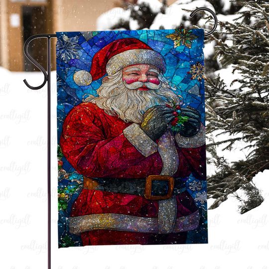 Discover Christmas Santa House Flag, Beautiful Stained Glass Santa Holiday Flag, Santa With Holly Yard Flag, Santa Claus Festive Garden Decor, MYK029