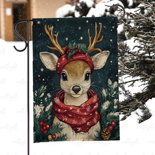 Discover Cute Deer With Hat Christmas Flag, Cozy Cottagecore Reindeer Holiday Flag, Winter Reindeer Outdoor Flag, Holiday Reindeer Art Flag, MYK032