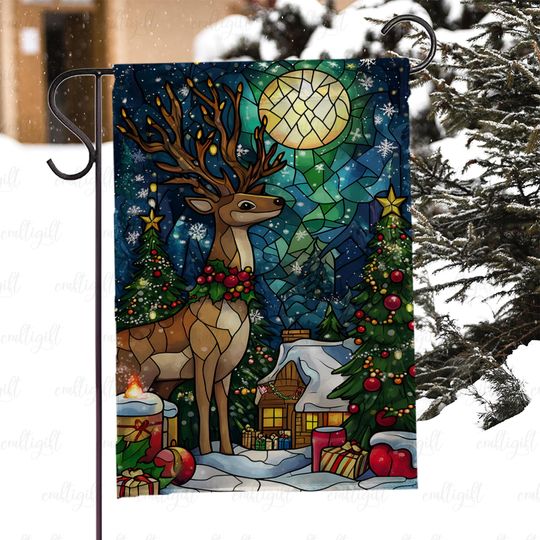 Magical Reindeer Christmas Flag, Winter Wonderland Reindeer House Flag, Deer Stained Glass Holiday Flag, Seasonal Reindeer Yard Decor,MYK030