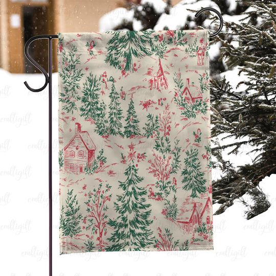 Discover Farmhouse Christmas Trees Outdoor Flag, Xmas Cabin Scene House Flag, Vintage Cabin Forest Garden Flag, Country Cottage Holiday Flag, MYK004