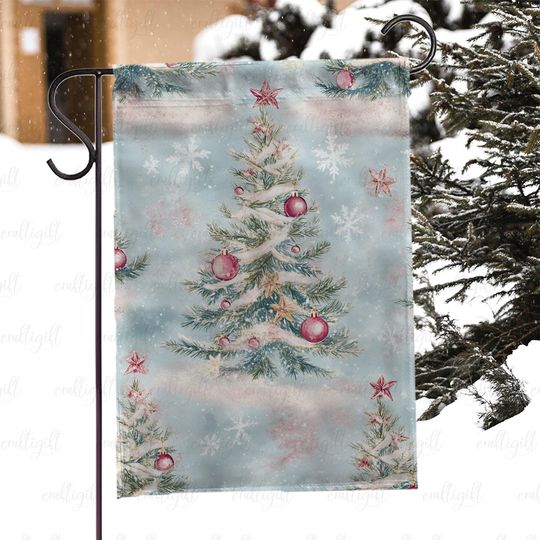 Discover Vintage Snowy Christmas Tree Flag, Cozy Winter Holiday House Flag, Snow Covered Pine Tree Yard Flag, Festive Snowflake Xmas Yard Flag,MYK013