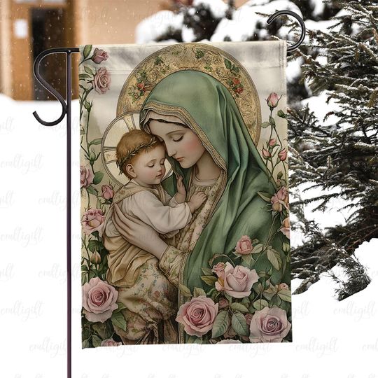 Virgin Mary Madonna And Child Flag, Holy Family Christian House Flag, Holy Virgin And Baby Jesus Flag, Catholic Faith Garden Flag, MYK011