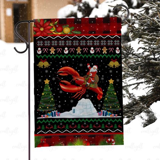Funny Santa Riding Lobster Holiday Flag, Unique Nautical Xmas Flag, Festive Coastal Winter Flag, Festive Christmas Tree Outdoor Decor,MYC909
