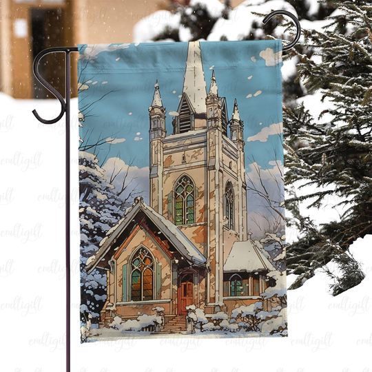 Snow Covered Church Yard Flag, Winter Chapel Porch Flag, Christmas Wonderland Church Scene Flag, Catholic Christian Home Decor Flag, MYC917