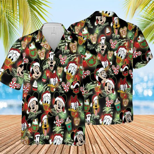 Discover Mickey And Friends Christmas Hawaiian Shirt, Mickey's Very Merry Christmas Party Button Shirt, Mickey Candy Xmas Holiday Tee