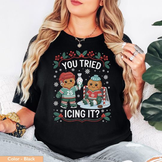 Discover Ice Hockey Christmas T-Shirt or Sweatshirt with Gingerbread