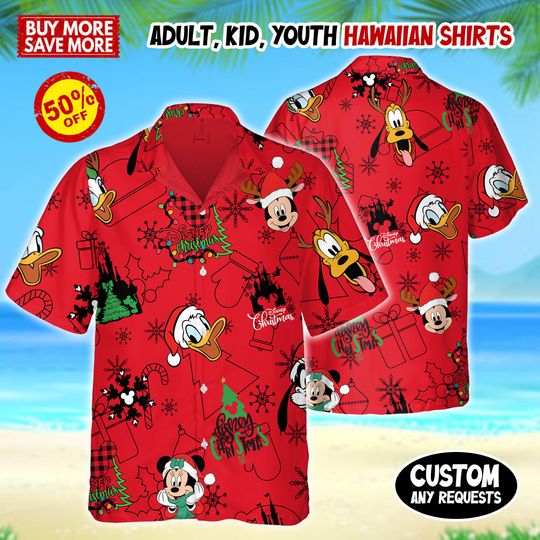 Discover Disney Mickey And Friends Christmas Hawaiian Shirt, Minnie Mouse Goofy Daisy Donald Pluto Hawaii Shirt, Winter Christmas Disney Hawaiian