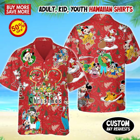 Discover Disney Mickey And Friends Disneyland Christmas Hawaiian Shirt, Minnie Mouse Goofy Daisy Donald Pluto Hawaii Shirt, Christmas Disney Hawaiian