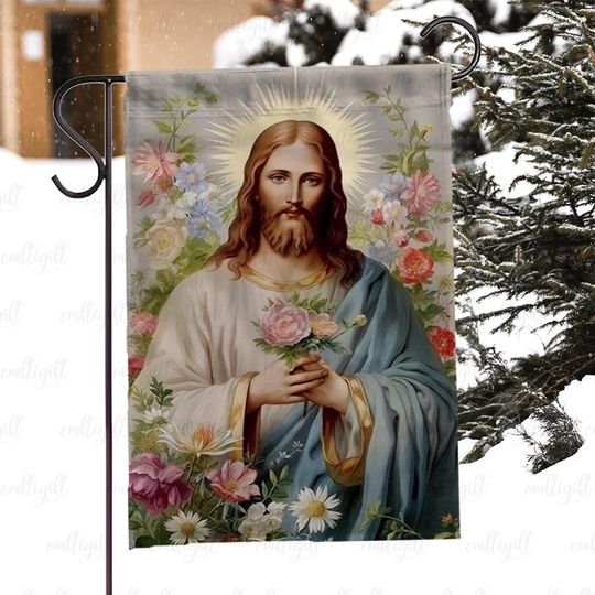 Jesus Christ Floral House Flag, Faith Christian Easter Yard Flag, Inspirational Religious Porch Flag, Holy Savior Holiday Garden Flag,MYC913