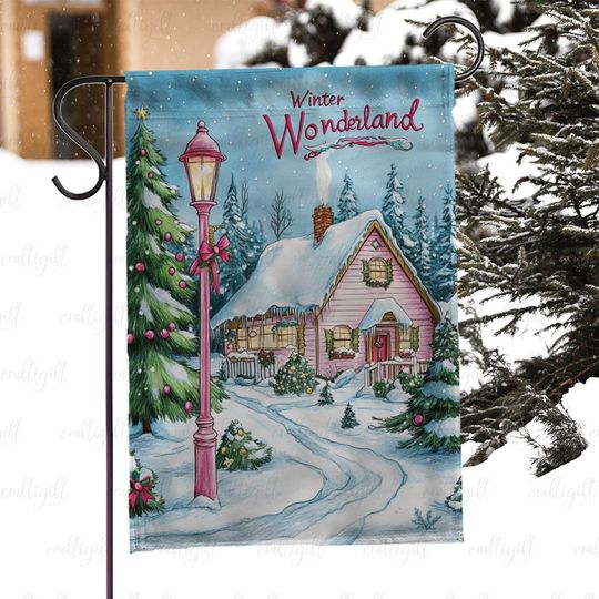 Discover Snow Covered Home Christmas Flag, Vintage Pink House Winter Flag, Christmas Village Scene Flag, Country Cottage Holiday Outdoor Flag, MYK007
