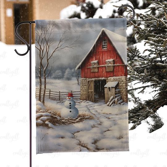 Discover Red Barn And Snowman Christmas Flag, Christmas Barn Garden Flag, Snow Covered Barn Porch Flag, Cozy Country Christmas Outdoor Decor, MYC912