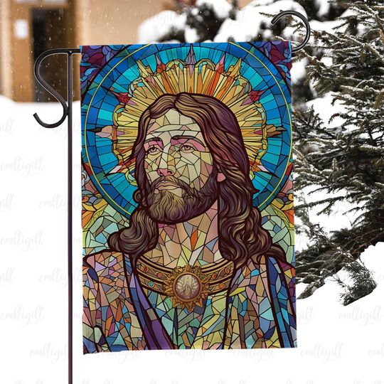 Jesus Christ Christian Home Decor Flag, Religious Stained Glass Porch Flag, Sacred Heart Catholic Yard Flag, Faith Based Garden Flag, MYC902