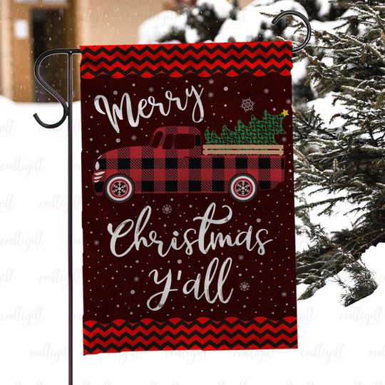 Discover Christmas Red Truck Garden Flag, Plaid Pickup Truck Winter Outdoor Flag, Rustic Farmhouse Holiday Flag, Merry Christmas Truck Flag, MYC911