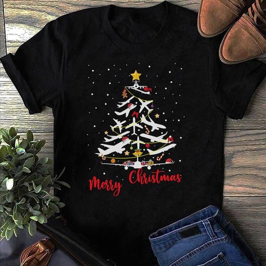 Discover Airplane Christmas Tree T-Shirt, Merry Christmas Pilot Aviation Gift for Airplane Enthusiasts, Funny Airline Pilot Tee