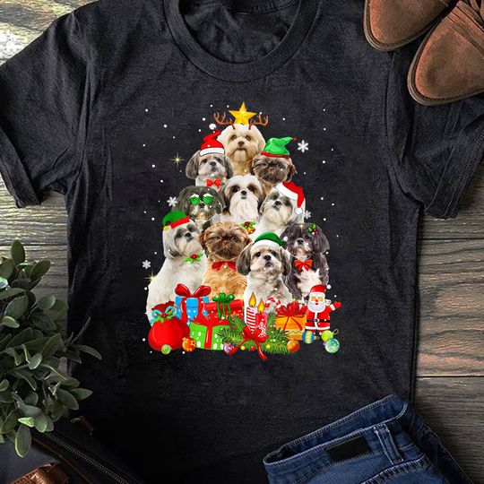 Discover Funny Shih Tzu Christmas Tree Lights T-Shirt for Dog Lovers