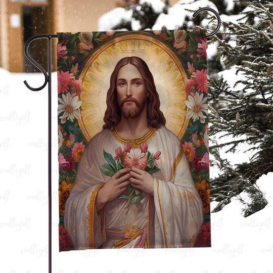 Jesus Christ With Flowers Garden Flag, Inspirational Religious Porch Flag, Christian Faith Outdoor Flag, Jesus Prayer Yard Flag Decor,MYC844