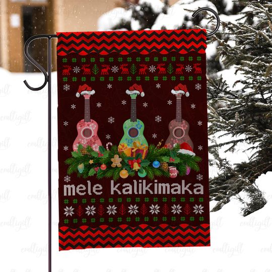 Discover Festive Ukulele Christmas Yard Flag, Tropical Xmas Mele Kalikimaka Flag, Hawaiian Guitar Holiday Flag, Ugly Sweater Style Winter Flag,MYC864