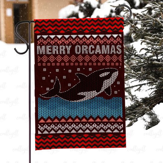 Merry Orcamas Holiday Yard Flag, Killer Whale Xmas Garden Flag, Whale Lover Christmas Porch Flag, Orcas Christmas Ugly Sweater Flag, MYC869