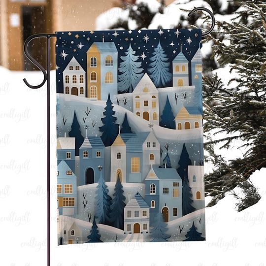 Discover Snowy Village Holiday Scene Garden Flag, Snow Covered Town Xmas Flag, Christmas Night Village Flag, Festive Wonderland Outdoor Decor, MYC870