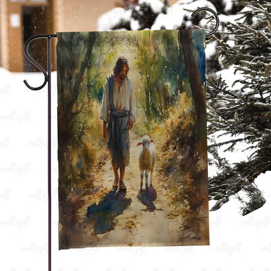 Jesus With Lamb Yard Flag, Inspirational Faith House Flag, Peaceful Religious Holiday Porch Flag, Good Shepherd Christian Decor Flag, MYC850