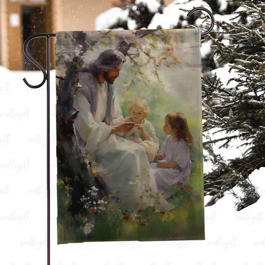 Inspirational Jesus And Kid Garden Flag, Religious Faith Spiritual Flag, Christian Prayer Outdoor Flag, Sacred Heart Jesus Yard Flag, MYC857