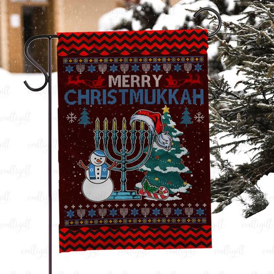 Merry Christmukkah Celebration Flag, Snowman Xmas Holiday Garden Flag, Menorah Christmas Tree Flag, Hanukkah Party Festive Yard Decor,MYC858