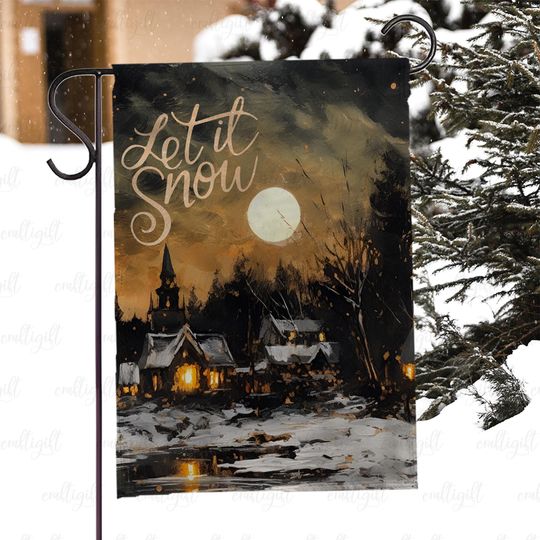 Moonlit Village Christmas Flag, Let It Snow Holiday Porch Flag, Rustic Farmhouse Xmas Flag, Winter Night Scene Festive Outdoor Decor, MYC860