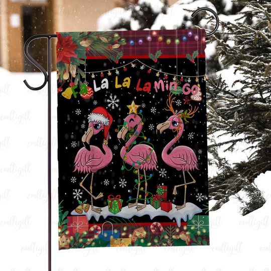 Pink Flamingo Winter Porch Flag, Fa La La Mingo Christmas Yard Flag, Cute Flamingo Lover Xmas Flag, Unique Flamingo Holiday Gift Flag,MYC906