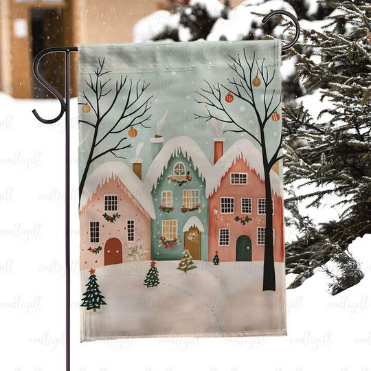 Discover Winter Wonderland Village Yard Flag, Christmas Street Scene Flag, Colorful Snow Houses Garden Flag, Festive Holiday Town Decor Flag, MYK010