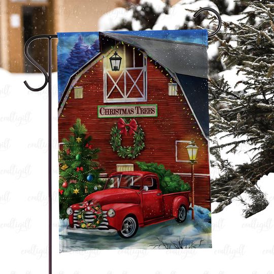 Discover Classic Red Truck Holiday Yard Flag, Christmas Country Farm Garden Flag, Christmas Tree Festive Flag, Snowy Winter Barn Outdoor Decor,MYC914