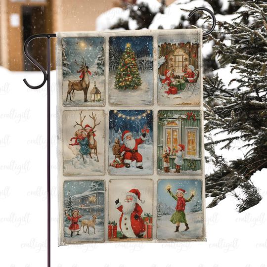 Discover Vintage Santa Claus Outdoor Flag, Classic Christmas Tree Yard Flag, Christmas Santa Reindeer Flag, Winter Snow Wonderland Scene Flag, MYK019